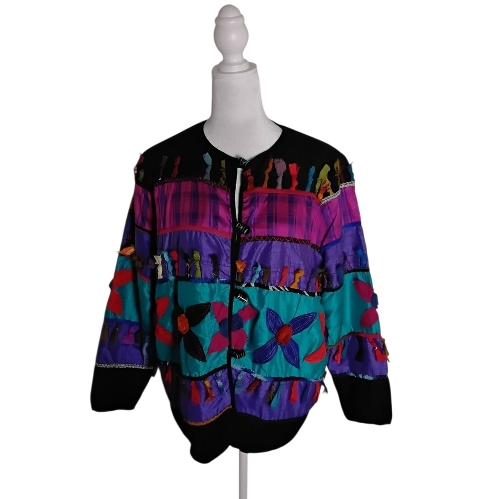 Allure Women's M Multicolor Boho Toggle Button Lined Silk Blend Jacket Blazer